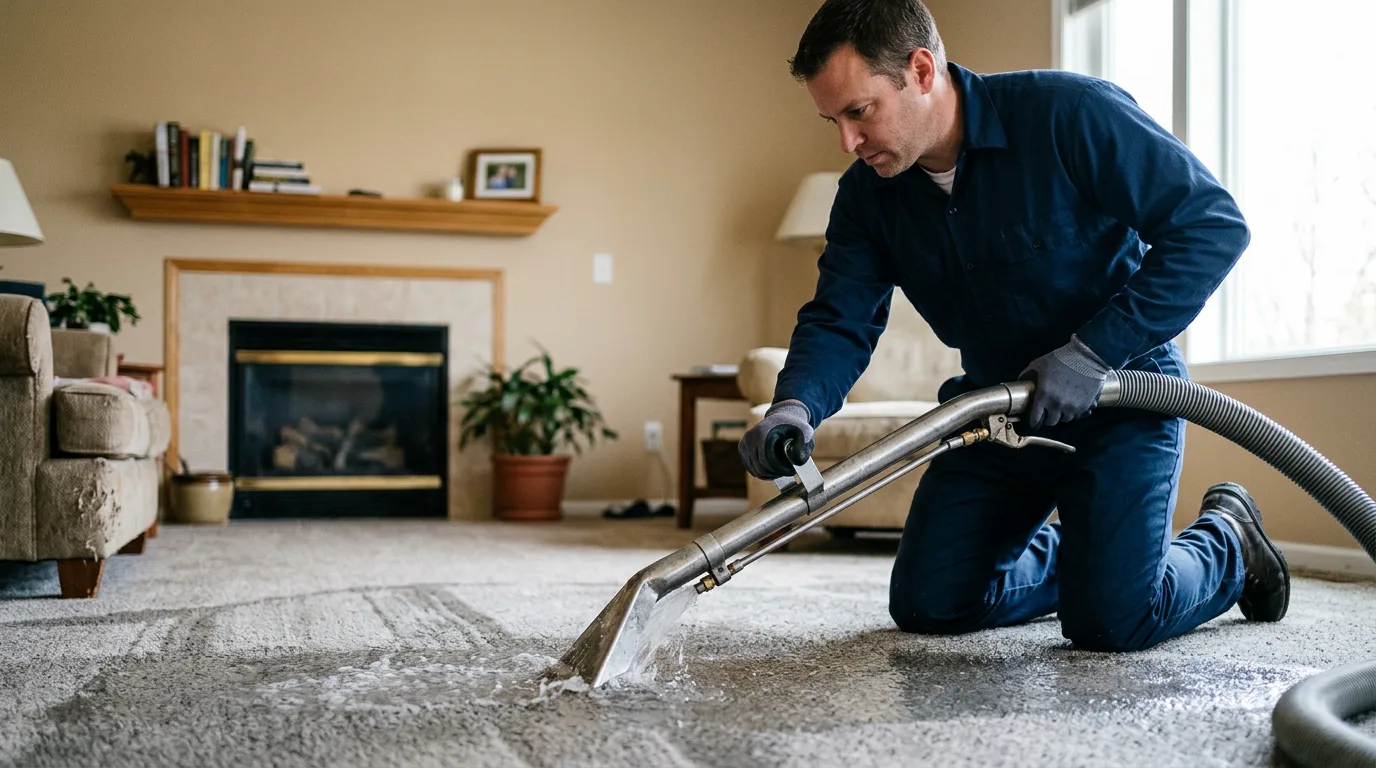 Water damage restoration technician working near Leeds, MA